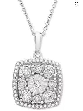 Macy’s Diamond Cushion Cluster Pendant Necklace Sterling Silver 18” 1/10 CT